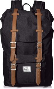 This is a photo of the Herschel Little America Laptop Backpack, Black/Tan Synthetic Leather, Classic 25.0L