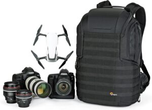 This is a photo of theLowepro ProTactic 450 AW II Black Pro Modular Backpack with Recycled Material, Camera Bag for Professional Use, for Laptop Up to 15", Backpack for Professional Cameras and Drones, LP37177-GRL, Black