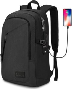 This is a photo of the Mancro Business Travel Laptop Backpack, Anti Theft Slim Laptop Bag with USB Charging Port for Men and Women, Tech Computer Bag Fits 15.6 Inch Laptop and Notebook (Black)