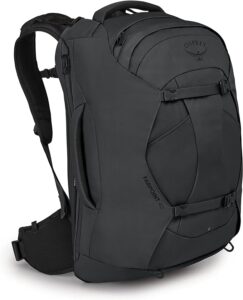 This is a photo of the Osprey Farpoint 40L Men's Travel Backpack, Tunnel Vision Grey