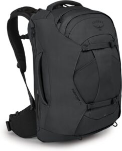 A picture of the black travel backpack called the farpoint 40 made by Osprey. Part of the Top 10 must have travel gear. Gear Tech Tools